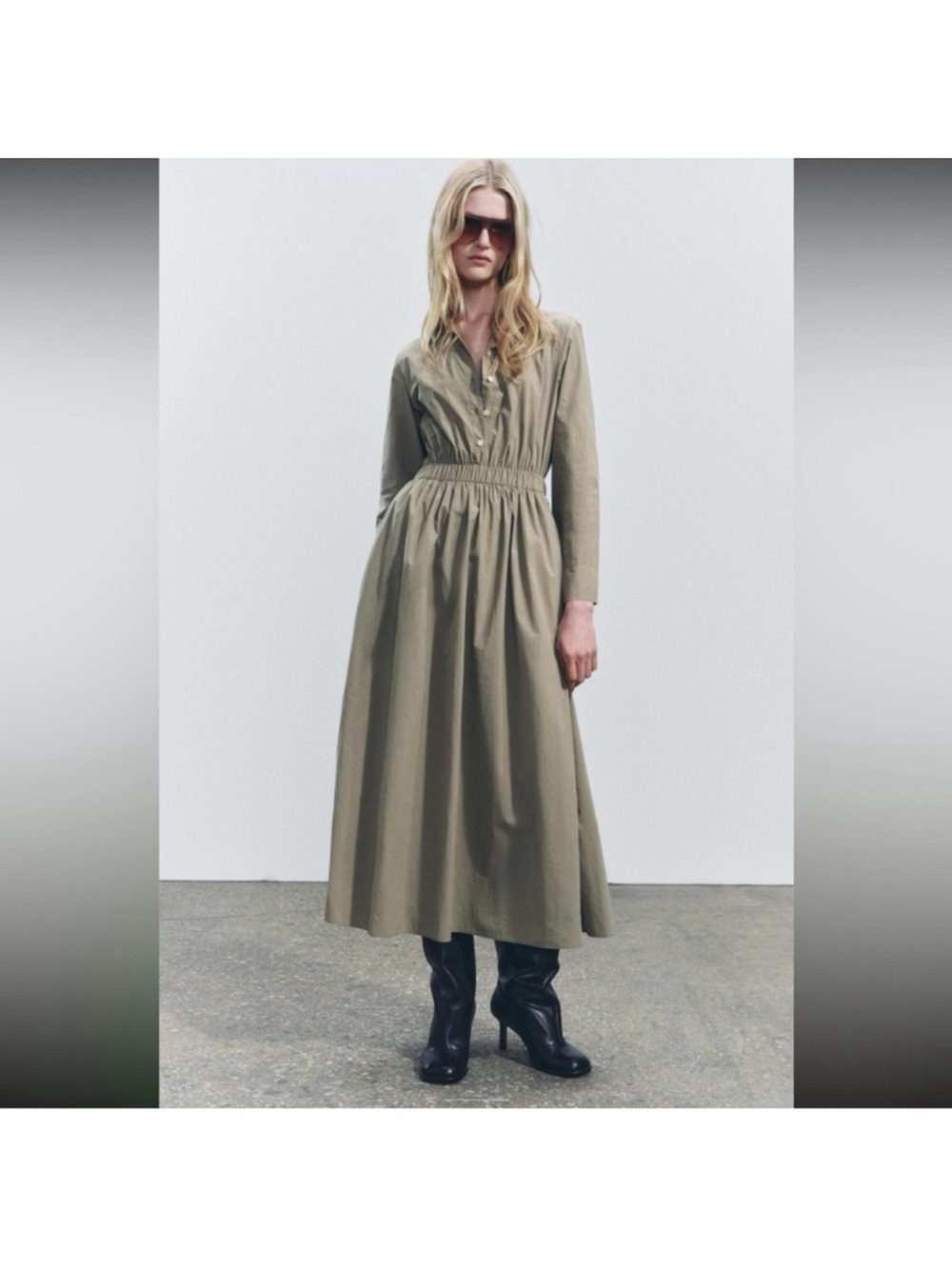 Zara Olive Green Long-Sleeve Shirred-Waist Maxi Dress